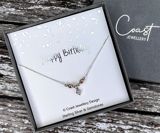 Sterling Silver Crystal Heart Birthday Necklace