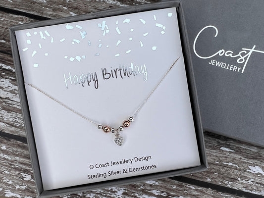 Sterling Silver Crystal Heart Birthday Necklace
